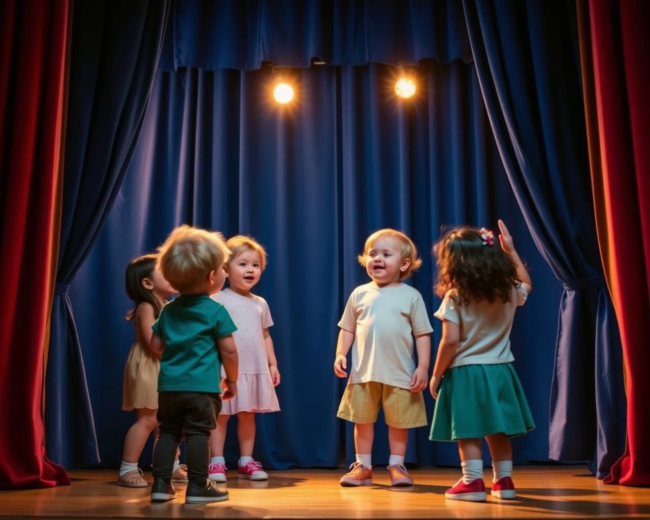 Crianças apresentando peça de teatro no palco